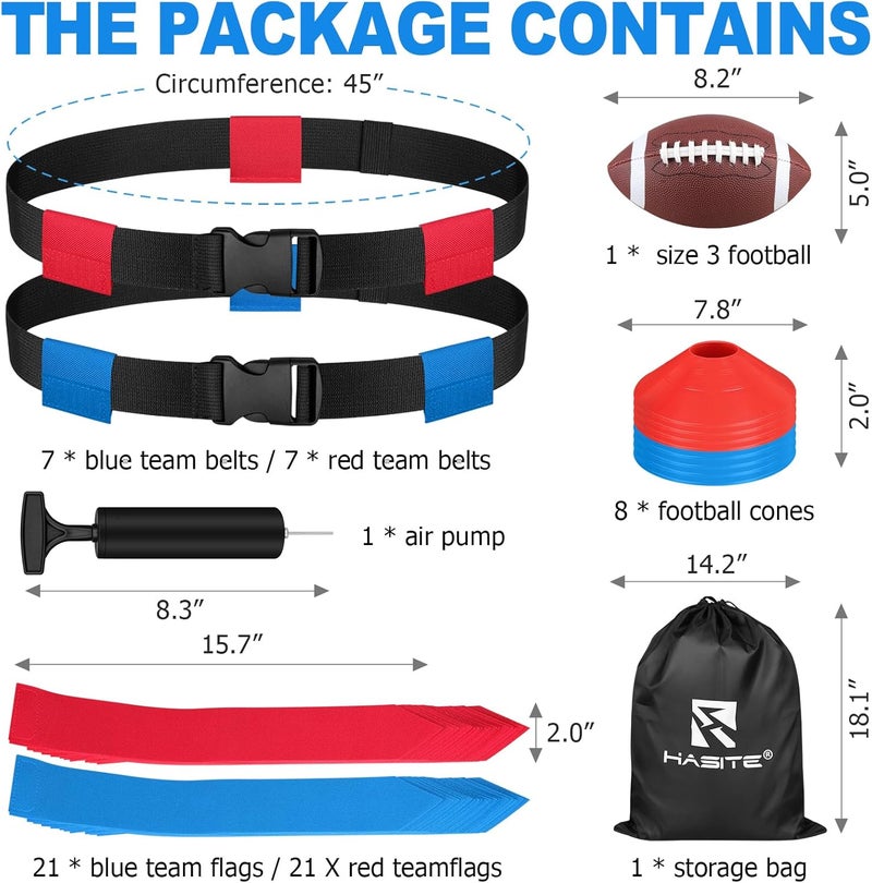 HASITE Flag Football Set, 14 Player Adjustable Flag Football Belts, 42 Flags, 8 Practice Cones, Size 3 Football, Pump and Bag, Perfect for Youth, Adults and Children to Capture The Flag - Image 2
